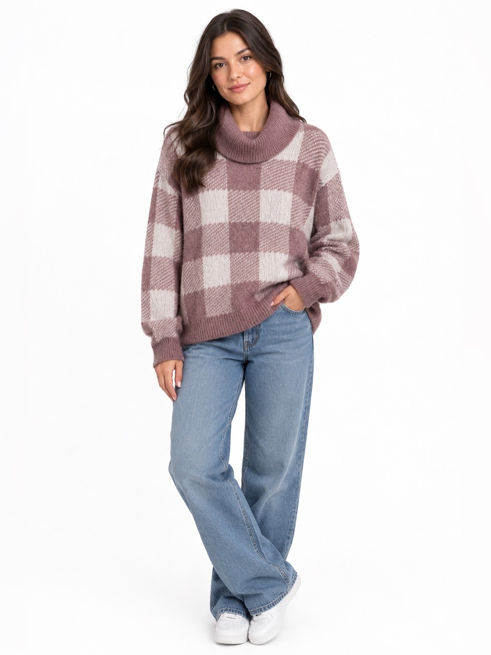 Olive & Oak Pink and Cream Checkered Turtleneck Cowl Neck Sweater NWT Size M